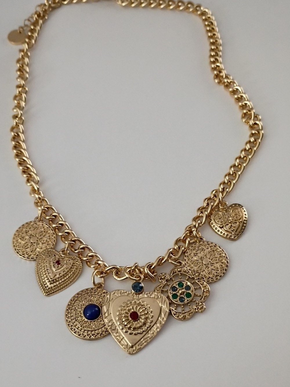 Jessica Simpson Gold-Tone Heart Charm Necklace with Multicolored Stones